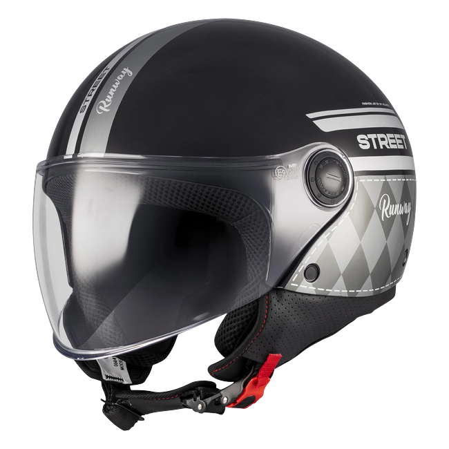 MT-Helmets Street S Runway B2 Jet Helmet – Gloss Black/Grey – front three-quarter view