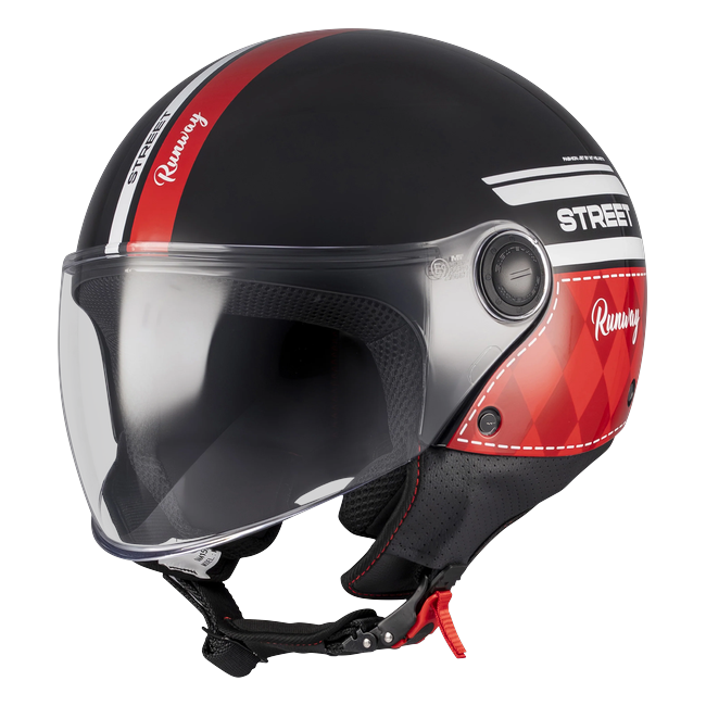MT-Helmets Street S Runway B5 Jet Helmet – Gloss Black/Red – front three-quarter view
