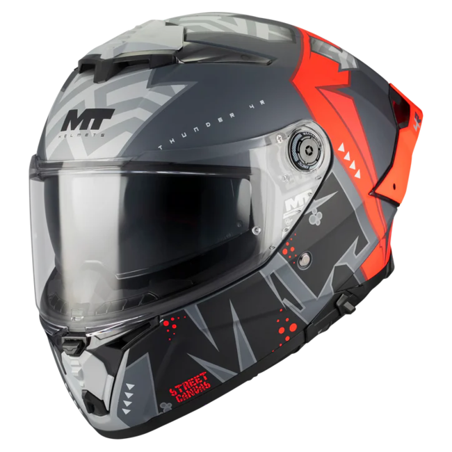 MT-Helmets Thunder 4 R SV Canvas C5 Full-Face Helmet – Matt Grey / Red – front three-quarter view