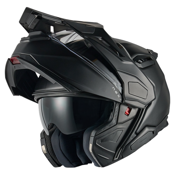 Nexx X.LIFECOUNTRY Plain Black Adventure Flip-Up Helmet – three-quarter view, chin bar open