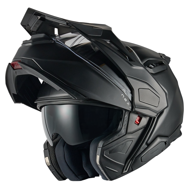 Nexx X.LIFECOUNTRY Plain Black Adventure Flip-Up Helmet – three-quarter view, chin bar open