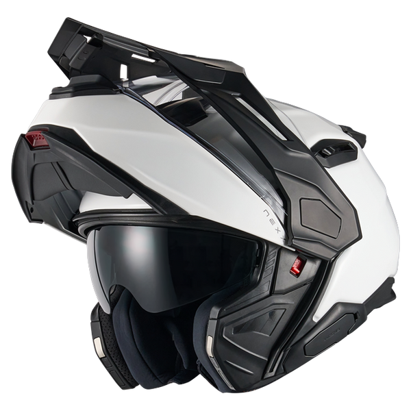 Nexx X.LIFECOUNTRY Plain White Adventure Flip-Up Helmet – three-quarter view, chin bar open