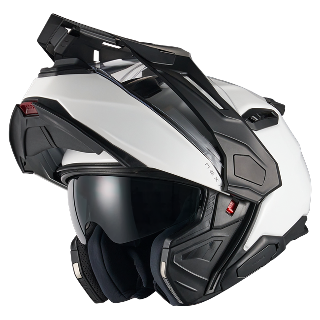 Nexx X.LIFECOUNTRY Plain White Adventure Flip-Up Helmet – three-quarter view, chin bar open