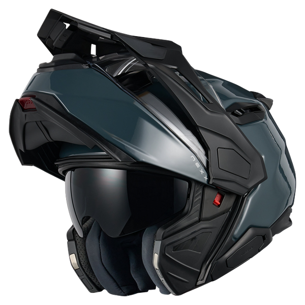 Nexx X.LIFECOUNTRY Plain Wild Blue Adventure Flip-Up Helmet – three-quarter view, chin bar open