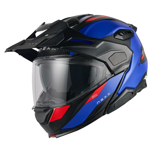 Nexx X.LIFECOUNTRY Terra Blue Red Adventure Flip-Up Helmet – front three-quarter view