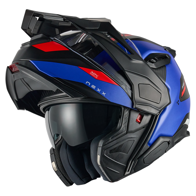 Nexx X.LIFECOUNTRY Terra Blue Red Adventure Flip-Up Helmet – three-quarter view, chin bar open