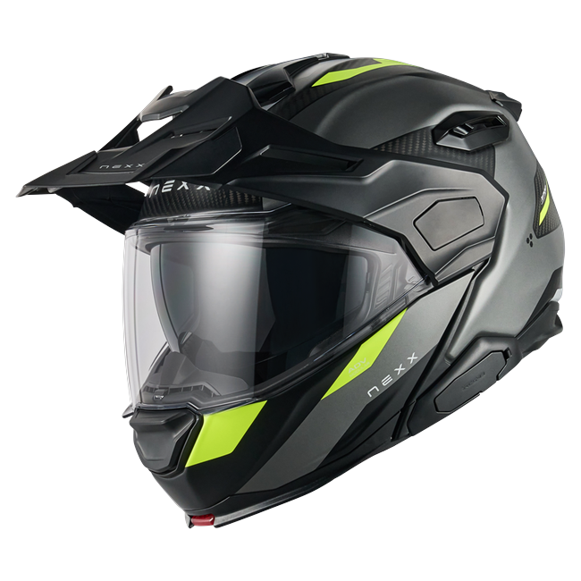 Nexx X.LIFECOUNTRY Terra Grey Neon Adventure Flip-Up Helmet – front three-quarter view