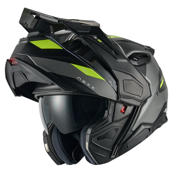 Nexx X.LIFECOUNTRY Terra Grey Neon Adventure Flip-Up Helmet – three-quarter view, chin bar open