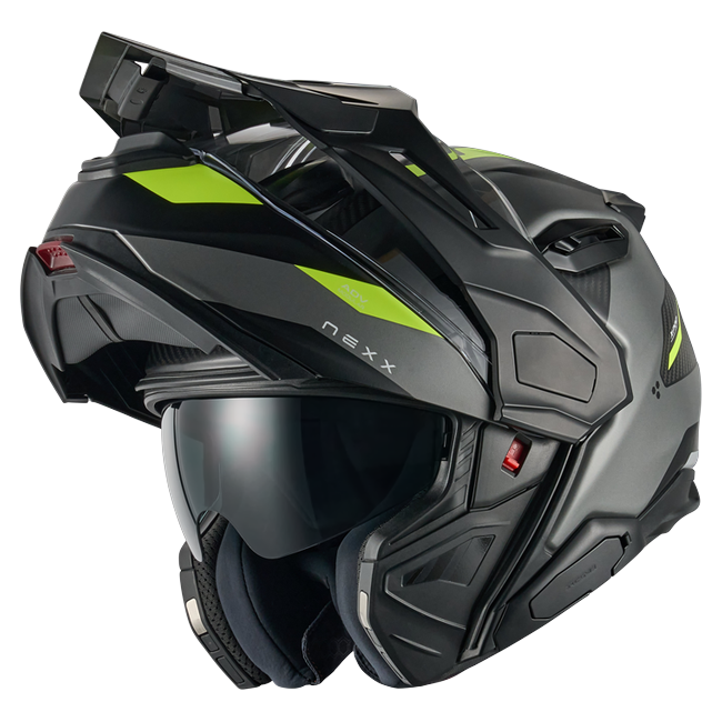 Nexx X.LIFECOUNTRY Terra Grey Neon Adventure Flip-Up Helmet – three-quarter view, chin bar open