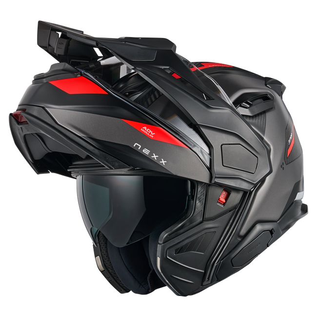 Nexx X.LIFECOUNTRY Terra Grey Red Adventure Flip-Up Helmet – three-quarter view, chin bar open