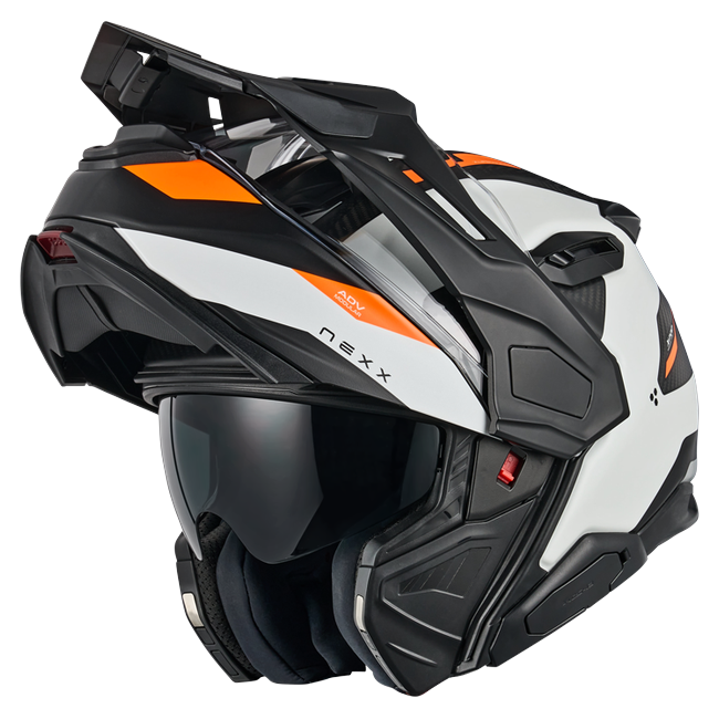 Nexx X.LIFECOUNTRY Terra White Orange Adventure Flip-Up Helmet – three-quarter view, chin bar open