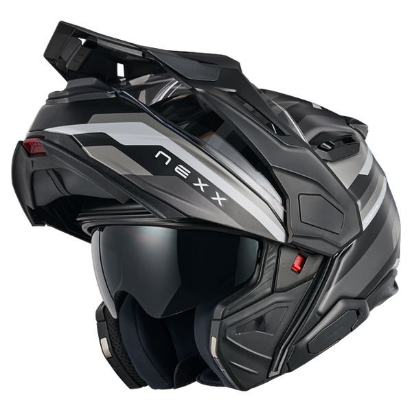Nexx X.LIFECOUNTRY Westbound Black Grey Adventure Flip-Up Helmet – three-quarter view, chin bar open