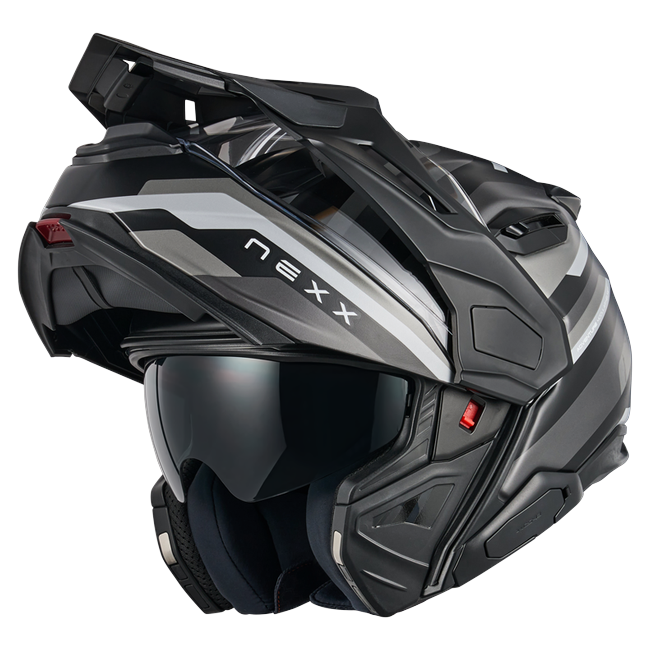 Nexx X.LIFECOUNTRY Westbound Black Grey Adventure Flip-Up Helmet – three-quarter view, chin bar open