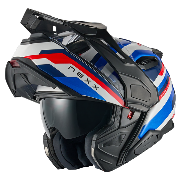 Nexx X.LIFECOUNTRY Westbound Blue Red Adventure Flip-Up Helmet – three-quarter view, chin bar open