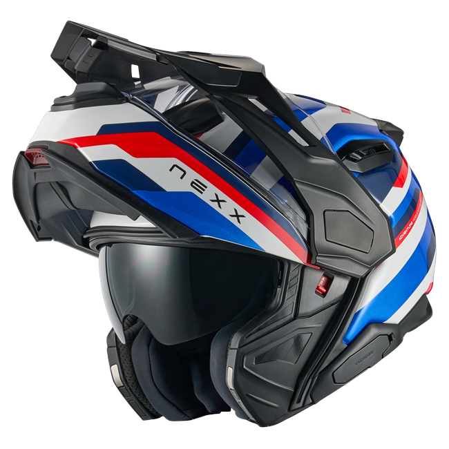 Nexx X.LIFECOUNTRY Westbound Blue Red Adventure Flip-Up Helmet – three-quarter view, chin bar open