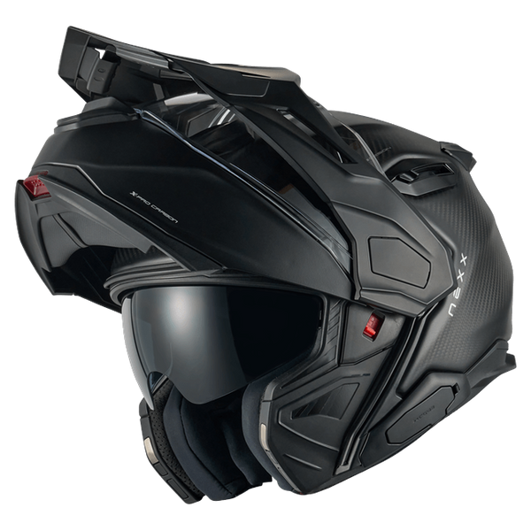 Nexx X.LIFECOUNTRY Zero Pro Carbon Adventure Flip-Up Helmet – three-quarter view, chin bar open