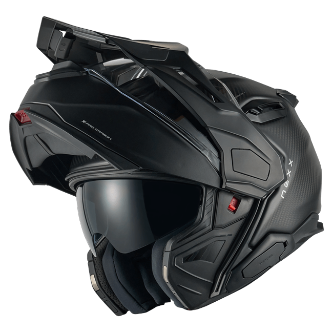 Nexx X.LIFECOUNTRY Zero Pro Carbon Adventure Flip-Up Helmet – three-quarter view, chin bar open