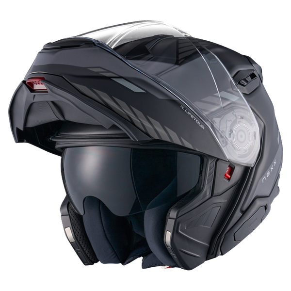 Nexx X.LIFETOUR Globe Black Grey Touring Flip-Up Helmet – three-quarter view, chin bar open