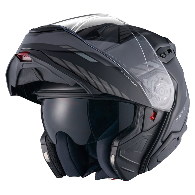 Nexx X.LIFETOUR Globe Black Grey Touring Flip-Up Helmet – three-quarter view, chin bar open