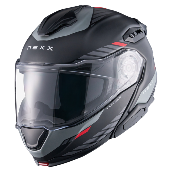 Nexx X.LIFETOUR Globe Black Red Touring Flip-Up Helmet – front three-quarter view