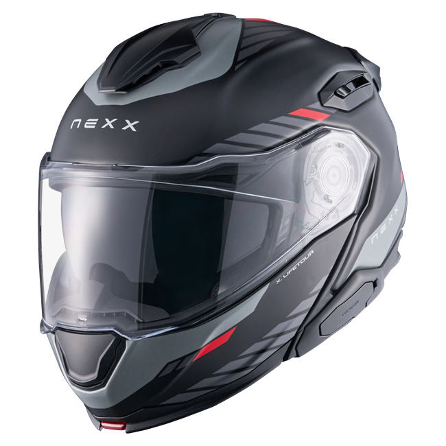 Nexx X.LIFETOUR Globe Black Red Touring Flip-Up Helmet – front three-quarter view