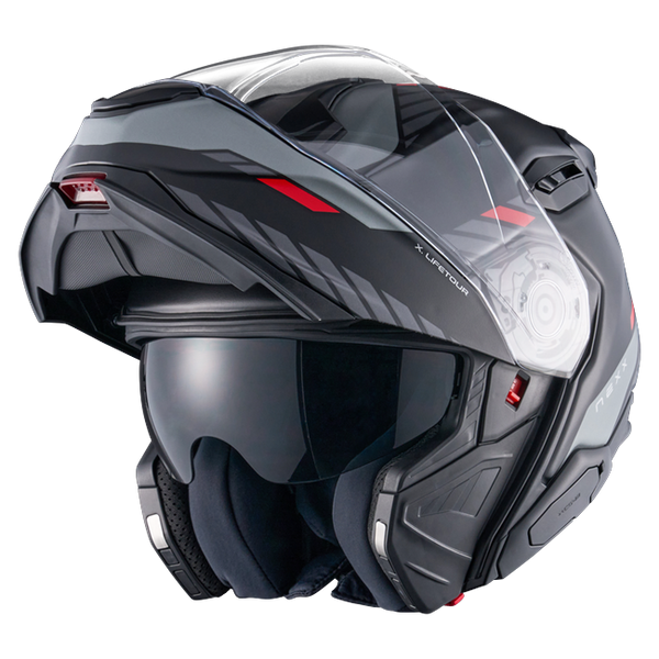 Nexx X.LIFETOUR Globe Black Red Touring Flip-Up Helmet – three-quarter view, chin bar open