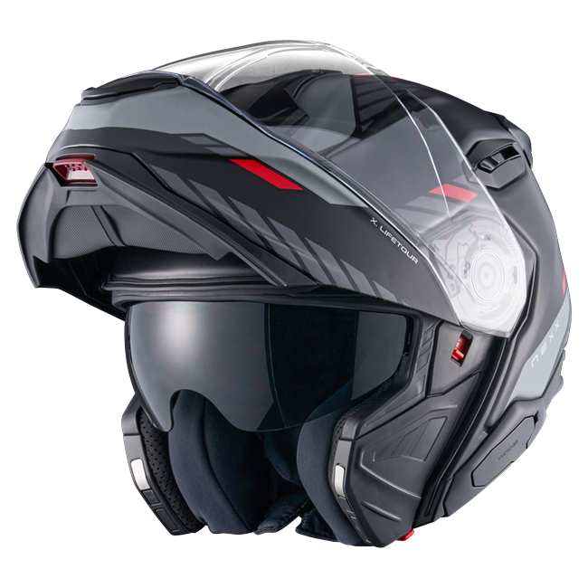 Nexx X.LIFETOUR Globe Black Red Touring Flip-Up Helmet – three-quarter view, chin bar open