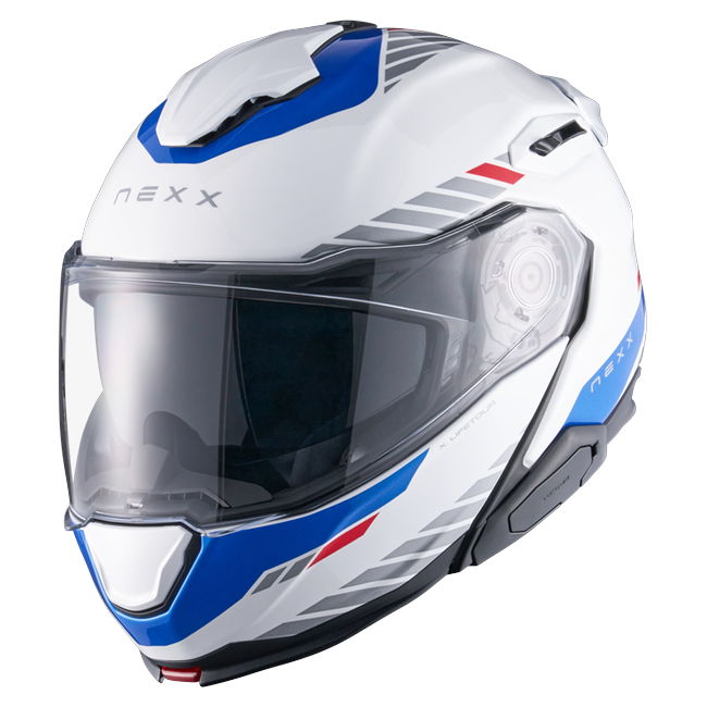 Nexx X.LIFETOUR Globe White Blue Touring Flip-Up Helmet – front three-quarter view