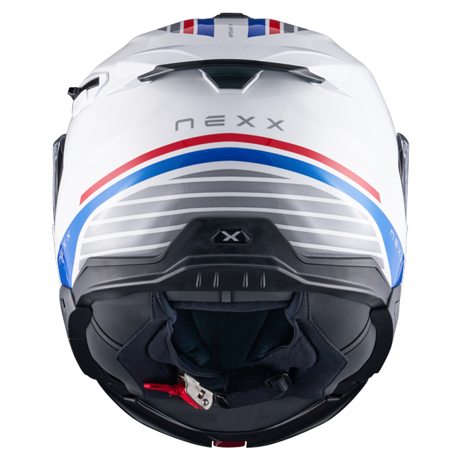Nexx X.LIFETOUR Globe White Blue Touring Flip-Up Helmet – rear view
