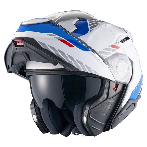Nexx X.LIFETOUR Globe White Blue Touring Flip-Up Helmet – three-quarter view, chin bar open