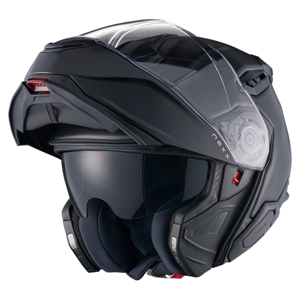 Nexx X.LIFETOUR Plain Black Touring Flip-Up Helmet – three-quarter view, chin bar open