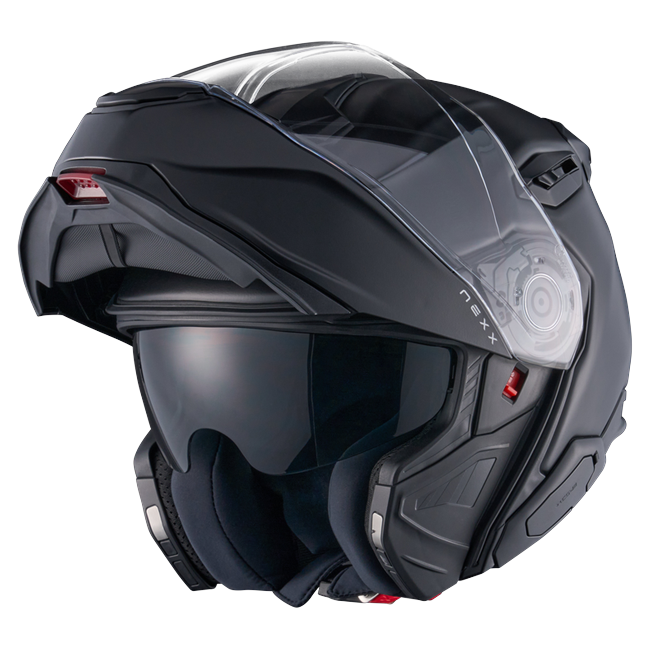 Nexx X.LIFETOUR Plain Black Touring Flip-Up Helmet – three-quarter view, chin bar open