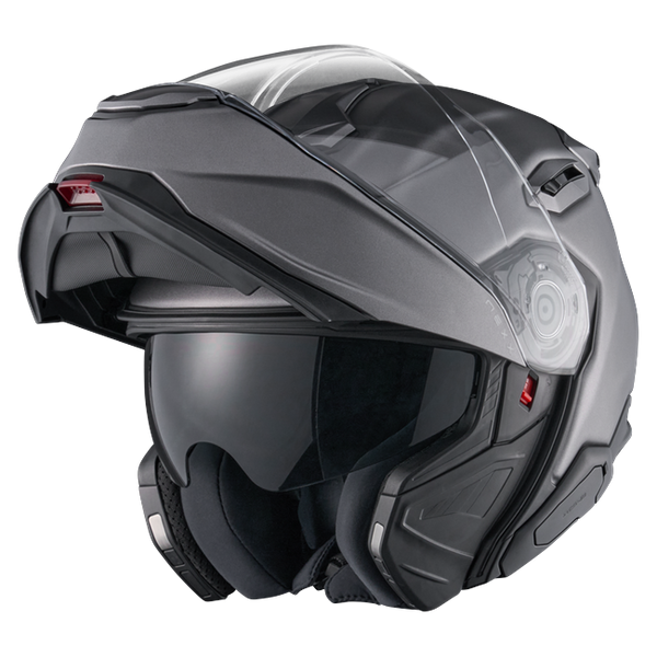 Nexx X.LIFETOUR Plain Titanium Touring Flip-Up Helmet – three-quarter view, chin bar open