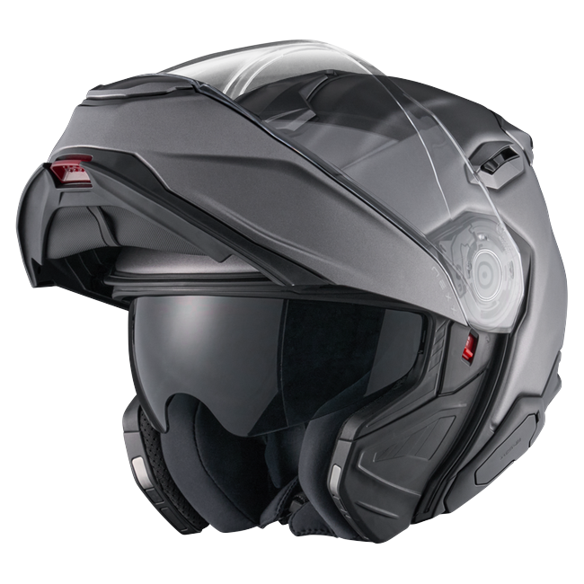 Nexx X.LIFETOUR Plain Titanium Touring Flip-Up Helmet – three-quarter view, chin bar open