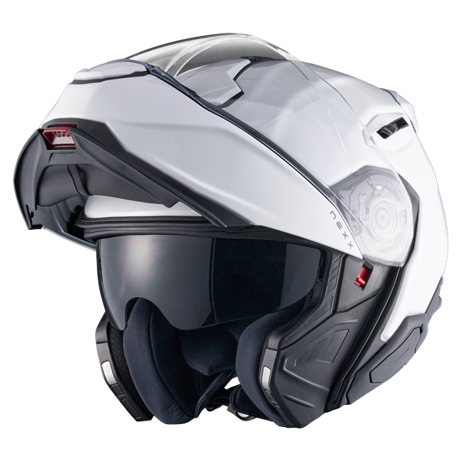 Nexx X.LIFETOUR Plain White Touring Flip-Up Helmet – three-quarter view, chin bar open