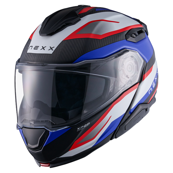 Nexx X.LIFETOUR Pro Mile Blue Red Touring Flip-Up Helmet – front three-quarter view
