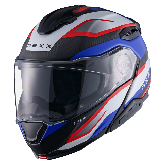 Nexx X.LIFETOUR Pro Mile Blue Red Touring Flip-Up Helmet – front three-quarter view