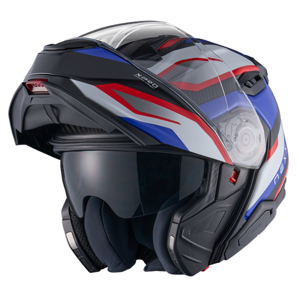 Nexx X.LIFETOUR Pro Mile Blue Red Touring Flip-Up Helmet – three-quarter view, chin bar open
