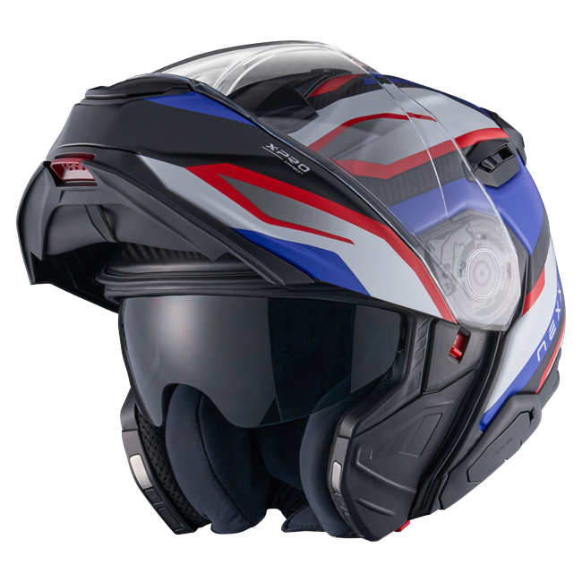 Nexx X.LIFETOUR Pro Mile Blue Red Touring Flip-Up Helmet – three-quarter view, chin bar open