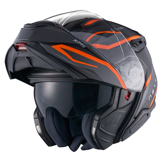 Nexx X.LIFETOUR Pro Mile Orange Grey Touring Flip-Up Helmet – three-quarter view, chin bar open