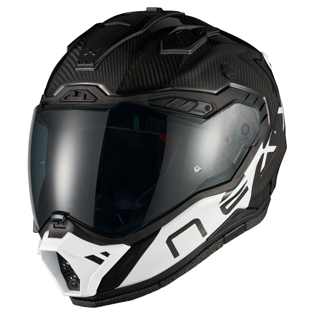 Nexx X.RALLY Gravix Carbon White Adventure Helmet – three-quarter view, peak removed