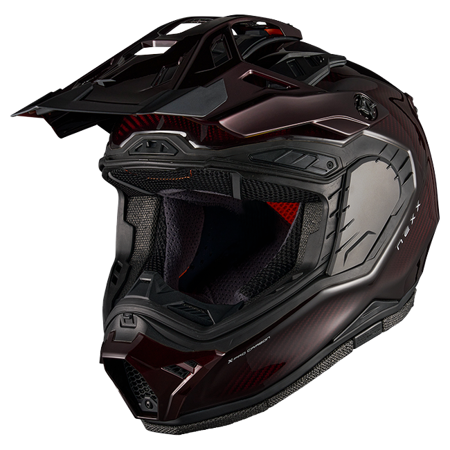 Nexx X.RALLY Namib Carbon Red Adventure Helmet – three-quarter view, visor removed