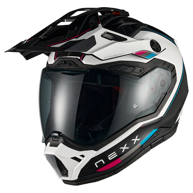 Nexx X.RALLY Raid Blue Pink Adventure Helmet – front three-quarter view