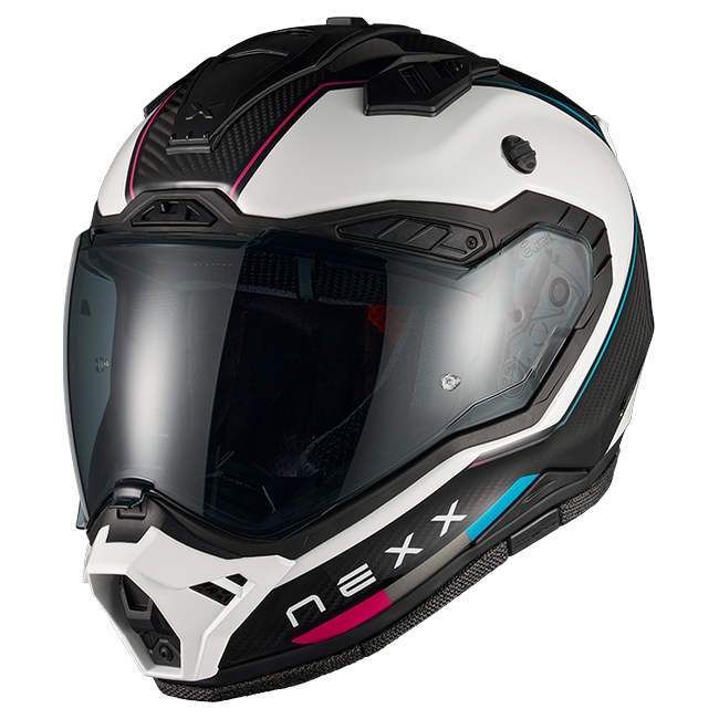 Nexx X.RALLY Raid Blue Pink Adventure Helmet – side view, peak removed