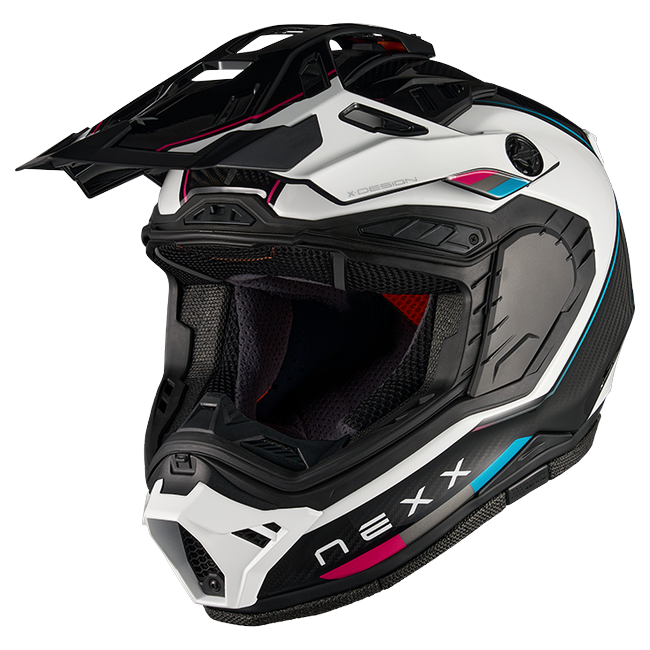 Nexx X.RALLY Raid Blue Pink Adventure Helmet – three-quarter view, visor removed