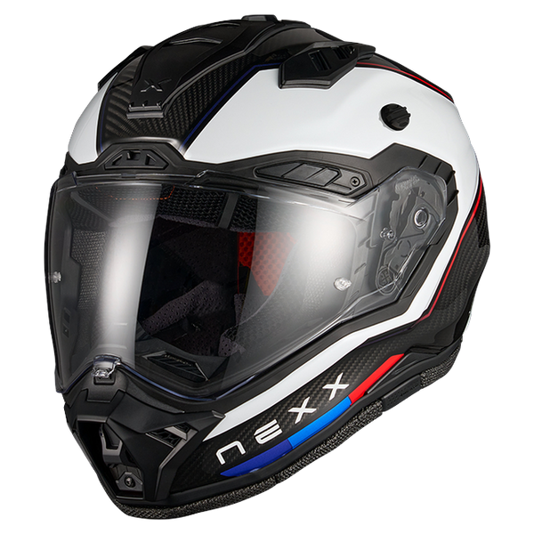 Nexx X.RALLY Raid Blue Red Adventure Helmet – side view, peak removed