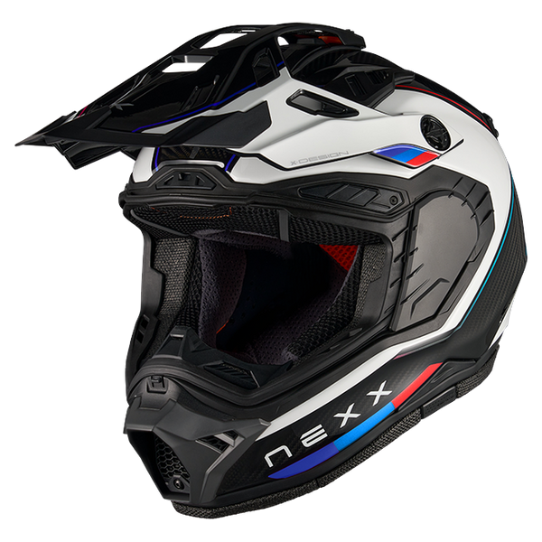 Nexx X.RALLY Raid Blue Red Adventure Helmet – three-quarter view, visor removed