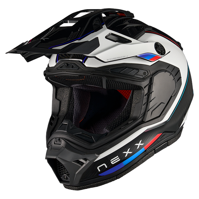 Nexx X.RALLY Raid Blue Red Adventure Helmet – three-quarter view, visor removed