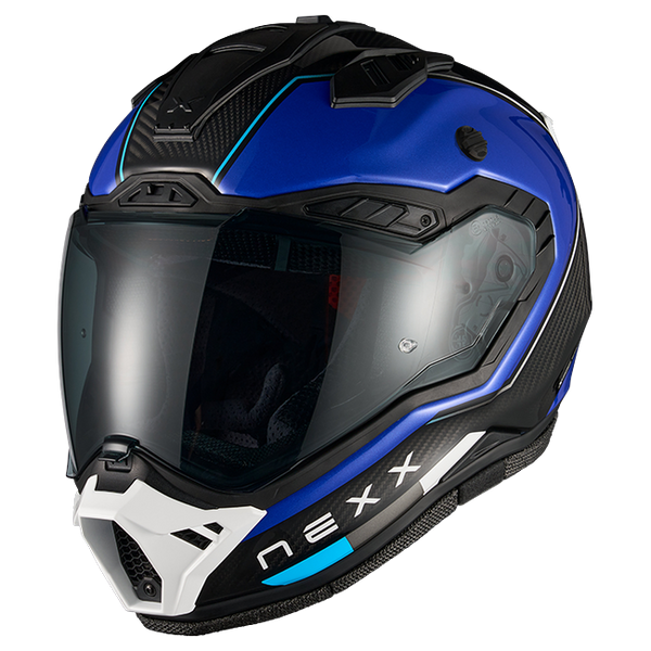 Nexx X.RALLY Raid Blue White Adventure Helmet – side view, peak removed