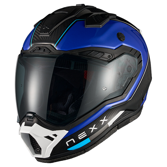 Nexx X.RALLY Raid Blue White Adventure Helmet – side view, peak removed